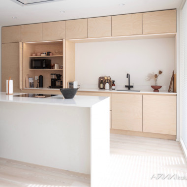 Koivuviilu tekee keittiön ilmeestä lämpimän