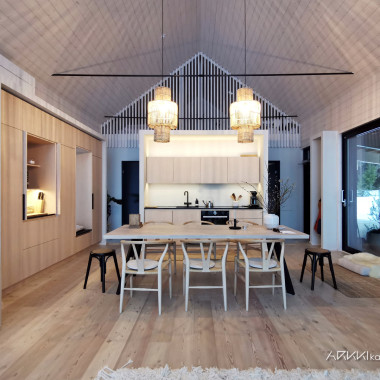 Loma-asunnon keittiö eurovaahtera viiluovilla ja kivitasoilla